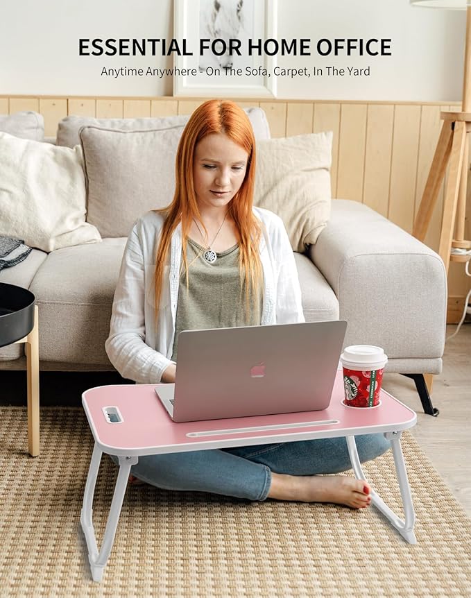 Laptop Bed Desk, Foldable Lap Table, Portable Study Table, Laptop Stand with Cup Holder & Tablet Slot & Lifting Handle for Working Writing Drawing & Eating - Pink