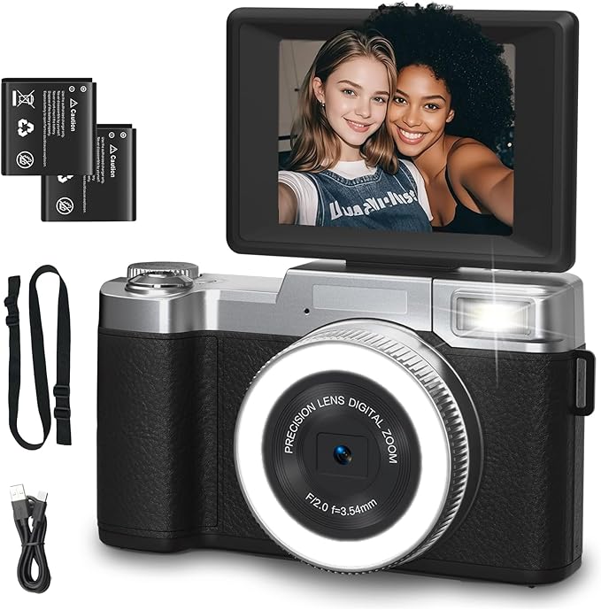 4K Digital Camera for Photography 64MP Vlogging Camera for YouTube with Flip Screen Point and Shoot Camera for Teens with Built-in LED Selfie Light Compact Camera for Beginners with Batteries