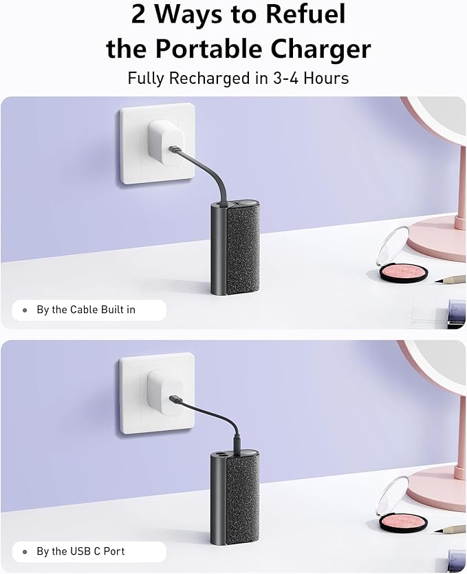 VEGER Compact Portable Charger with Built in Cable(Removable), 10000mAh Cute Power Bank 20W Fast Charging, Sparkling Battery Pack Fashion Travel Accessory Compatible with iPhone 15/14, Android-Black