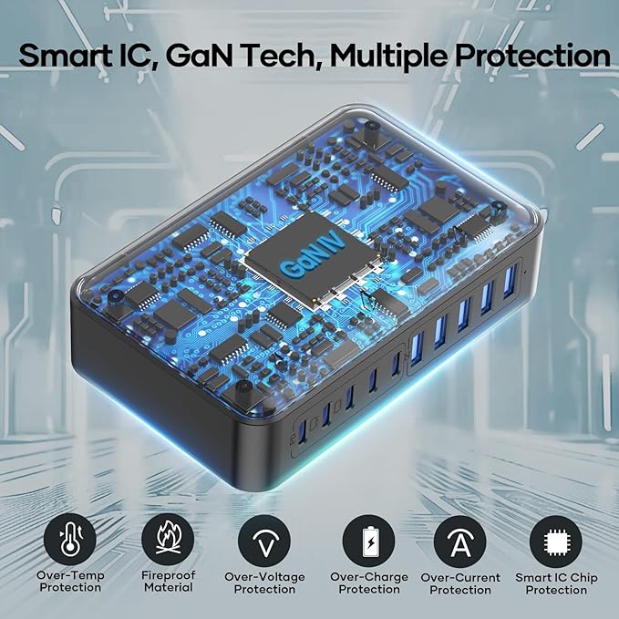 10 Ports USB C Charger Block, 450W USB Charging Station for Multiple Devices, 5 Type C + 5 USB A GaN PD Charger Hub, Compact Power Brick Super Fast Charging for MacBook, Ipad, iPhone, Samsung