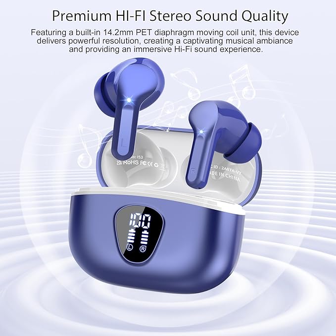 Wireless Earbuds, Bluetooth 5.4 Headphones HiFi Stereo, Bluetooth Earbuds with ENC Noise Cancelling Mic, IP7 Waterproof in Ear Earphones, 48H, LED Display Ear buds for Pad Phones Workout Sports, Blue