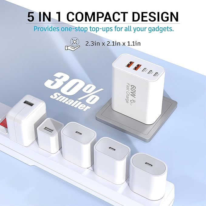 USB C Block 60W, 5 Ports Wall Plug Fast Charging Block, PD+QC Multiport Power Adapter USB C Charger Type C for iPhone 17,17 Air,17 Pro,17 Pro Max,16,15,14,13,12,11,X, Galaxy S25, S24,Tablet