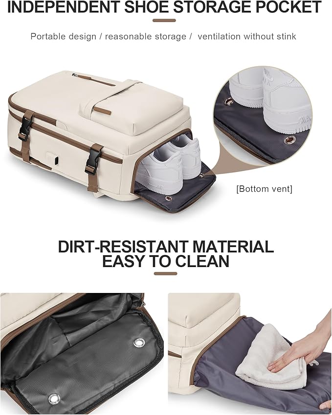 VECAVE Carry On Backpack for Women,Large Travel Backpack Flight Approved,Waterproof 15.6 Inch Laptop Backpack Business Work Backpacks Men Mochila De Viaje WhiteBrown