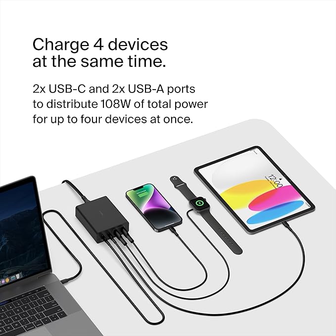 Belkin Charger Station 108W GaN - 2X USB-C and 2X USB-A Ports - Fast Desktop Charger Dock Hub for iPhone 17, Air, Pro, Apple Watch, iPad, MacBook, Samsung Galaxy S25, Nintendo Switch 2 - Black
