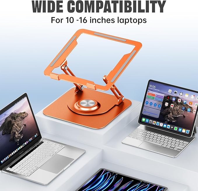 Laptop Stand for Desk, Adjustable Computer Stand with 360° Rotating Base, Ergonomic Laptop Riser for Collaborative Work, Foldable & Portable Laptop Stand, fits for All 10-16" Laptops (Orange)