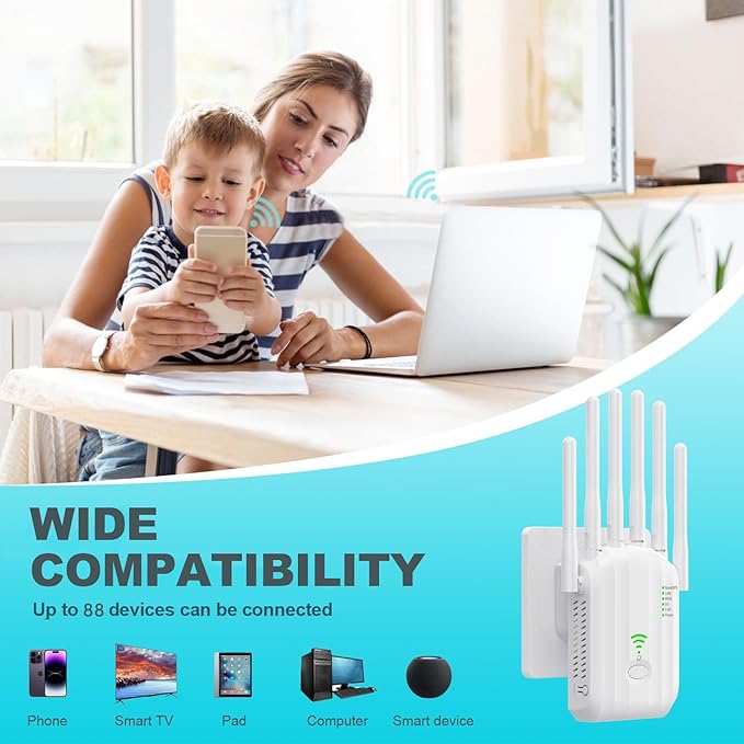 WiFi Extender,WiFi Extender Signal Booster for Home Covers up to 10000 sq.ft & 88+ Devices, New 6X Faster Wireless WiFi Repeater with Ethernet Port, WiFi Booster Compatible with All Routers (White)