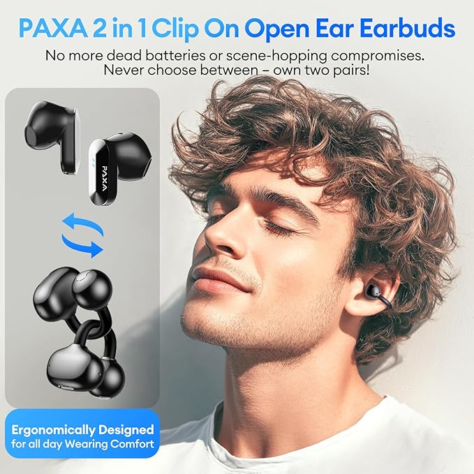 2 in 1 Clip on Open Ear Headphones Wireless Earbuds, 0 Delay Bluetooth 6.0, Ultra-long 140H Play, Auto L-R Recognition Touch Control, Hybrid Noise Reduction for Work Fitness Daily Use, Ctbuds Black