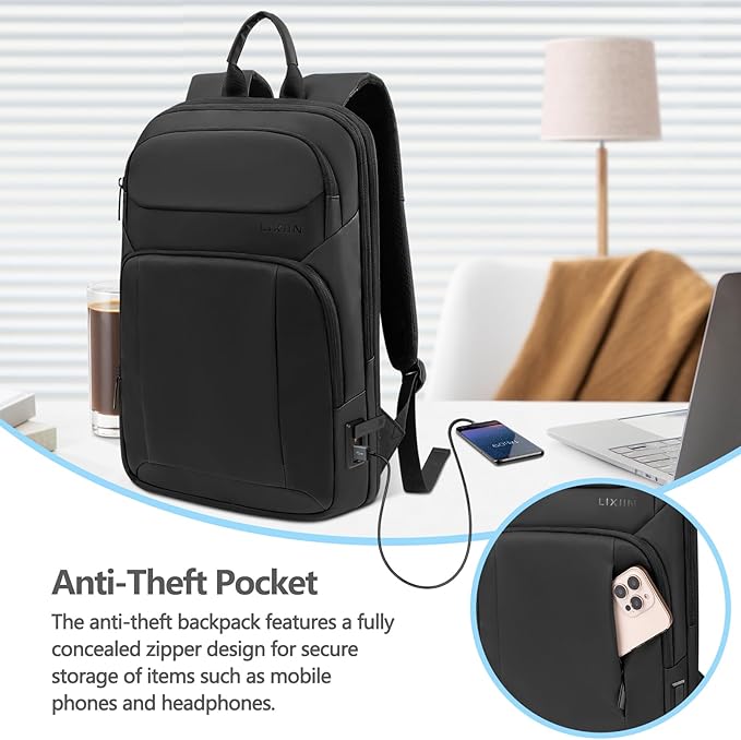 Backpack for Men Slim & Expandable Travel Laptop Backpack with USB Charging Port Water Resistant Anti-Theft Business Backpack Fits 15.6In Laptop for Commute Work College with Small Bag(Business Black)