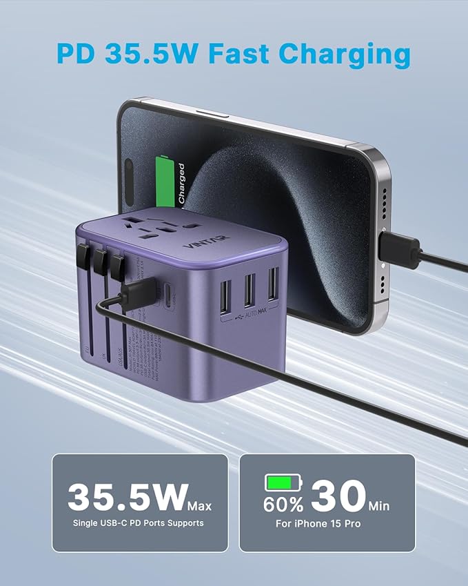Universal Travel Adapter, VINTAR 35.5W International Power Adapter with 3 USB A QC and 2 USB C PD, All in One Plug Adapter Worldwide Travel Essentials for EU/UK/USA/AUS(Type C/G/A/I), Purple