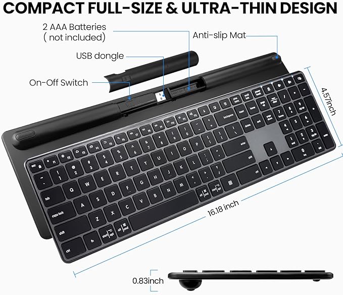 K925 Wireless Bluetooth Keyboard Multi-Device Full Size Wireless Keyboard with Number Pad,Multimedia Keyboard Quiet Typing for Windows/PC/Laptop/Phone