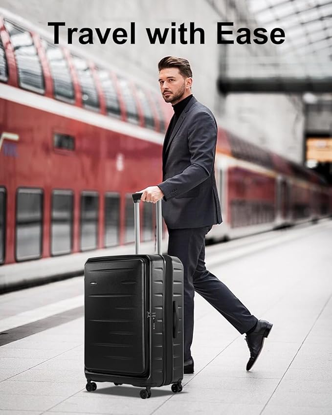 Expandable Checked Luggage, 28 Inch Luggage with Spinner Wheels, Lightweight ABS+PC Hard Shell Large Suitcase with Top Opening, TSA Lock (Black, 1PC)