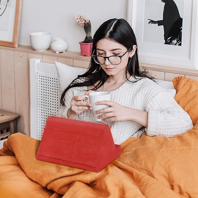 Soft Tablet Stand Pillow with Pocket,Adjustable 3 Viewing Angle,Lazy Holder for Bed Sofa,Compatible with iPads Tablets eReaders Smartphones Books Magazines (Wine Red)