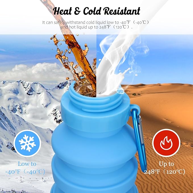 Nefeeko Collapsible Water Bottle, Reuseable BPA Free Silicone Foldable Water Bottles for Travel Gym Camping Hiking, Portable Leak Proof Sports Water Bottle with Carabiner