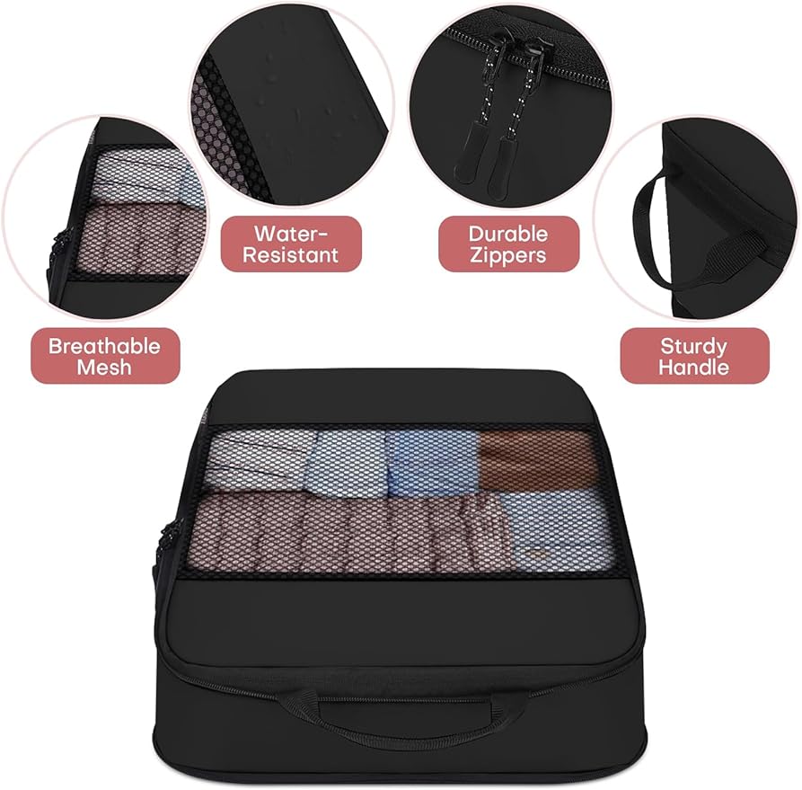 6 PCS Set Compression Packing Cubes for Travel, Lightweight Packing Organizer Bags Travel Essentials for Carry On, Suitcase, Home Closet - Black