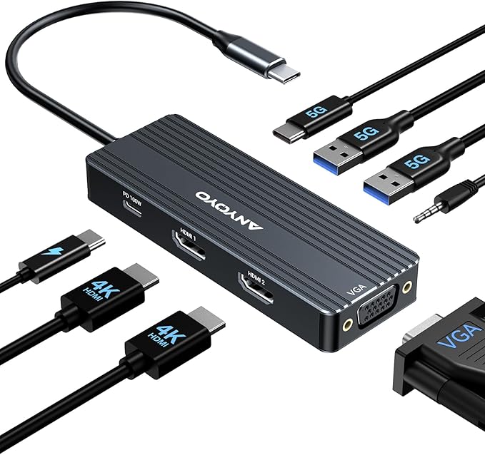 ANYOYO USB C Docking Station Dual HDMI Monitor Adapter 8-in-1 USB C HUB 3 Monitors Adapter with 4K HDMI +VGA +PD100W+Audio Laptop Docking Station for Dell/Lenovo/HP/Samsung/ASUS (Black)