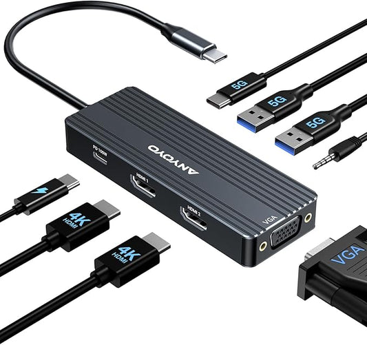 ANYOYO USB C Docking Station Dual HDMI Monitor Adapter 8-in-1 USB C HUB 3 Monitors Adapter with 4K HDMI +VGA +PD100W+Audio Laptop Docking Station for Dell/Lenovo/HP/Samsung/ASUS (Black)