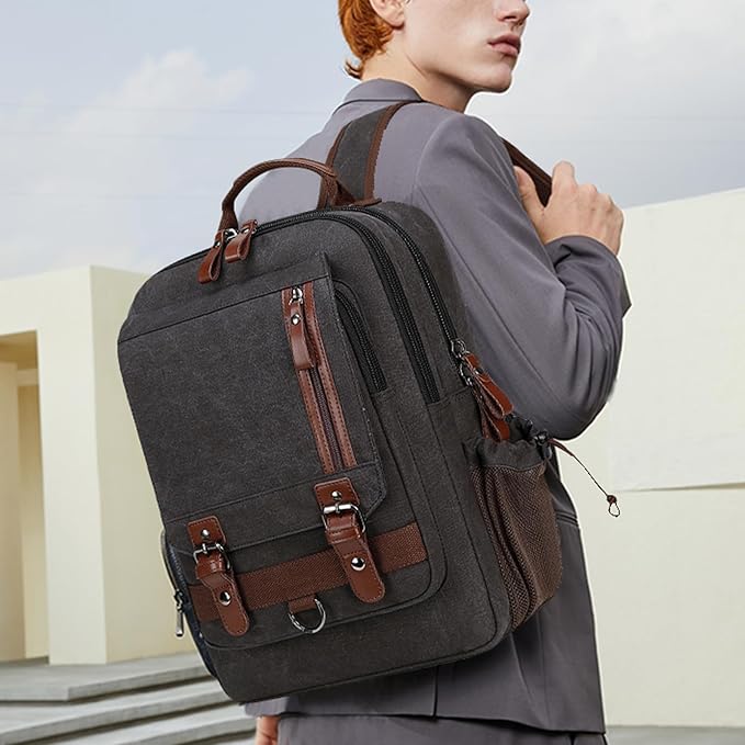 Lanola Water-resistant Canvas Backpack with Anti-Theft Pocket, Daypacks Fits 15.6 Inch Laptop for Men Perfect for Work, Travel, Daily Use (Black)