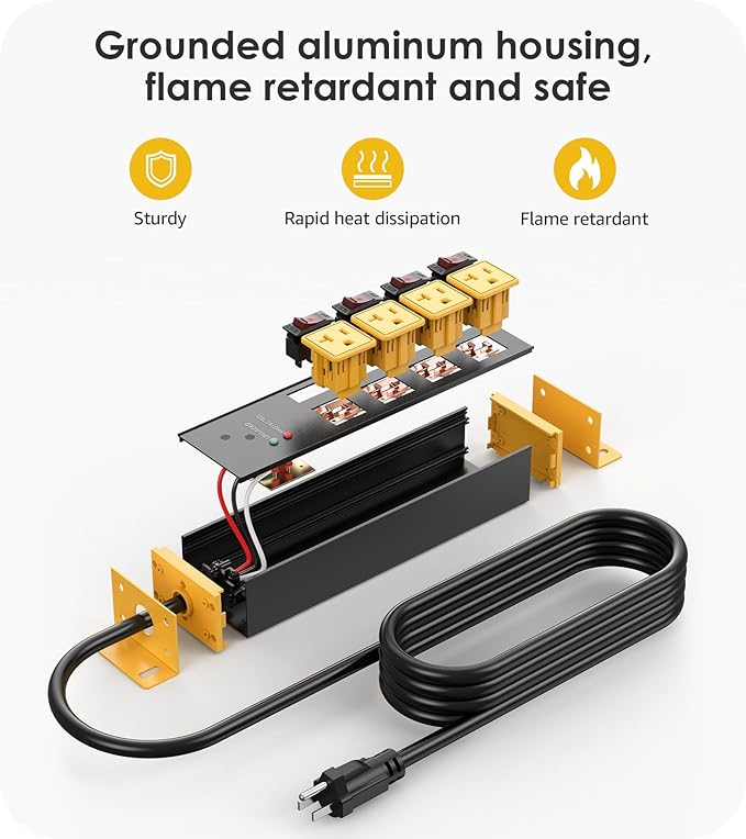 CCCEI Heavy Duty Surge Protector Power Strip 20 Amp Individual Switches. 10FT 12 Gauge Extension Cord with Multiple Outlets. Kitchen, Garage, Shop, Industrial Wall Mount Electric Extender, Yellow.