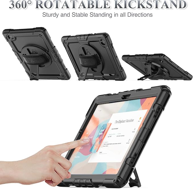 SEYMAC stock Case for Samsung Galaxy Tab A9 8.7'', Full-Body Drop Protection Case with Screen Protector Pencil Holder [360° Rotating Hand Strap] &Stand, Black