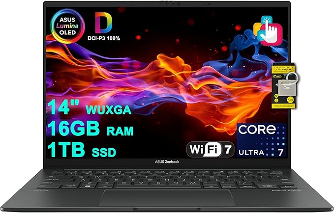 ASUS Zenbook 14 Creator Laptop 14" WUXGA Lumina OLED Touch (500nits HDR, 100% DCI-P3) Intel 16-core Ultra 7 255H (Up to 13 Tops) 16GB RAM 1TB SSD for Business Work Win11 ICP Hub w/Copilot AI
