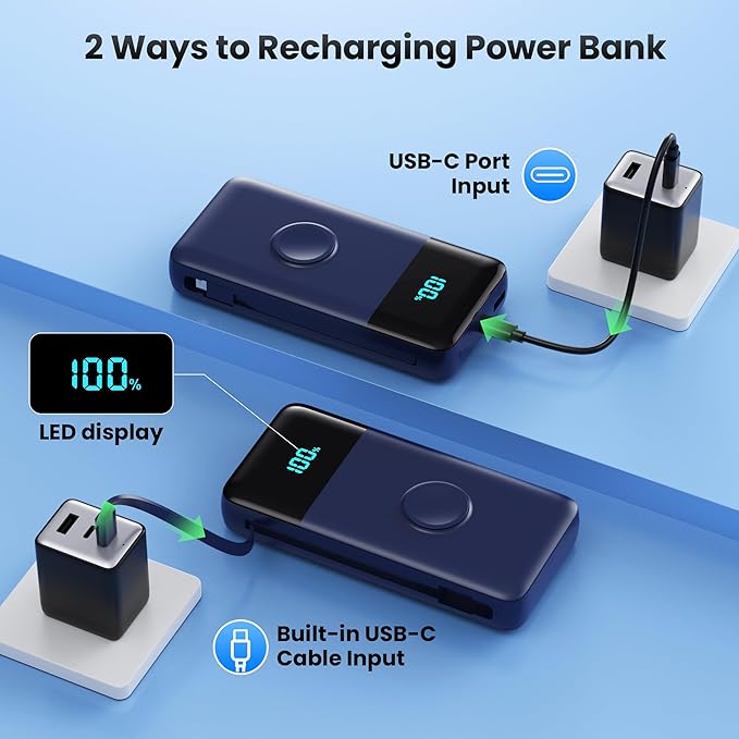 Portable Charger 40800mAh for iPhone with 2 Built-in Cable and iWatch Charger, 5-in-1 25W PD Fast Charging USB C Power Bank,QC4.0 LED Display Battery Pack for iPhone 16/15/14/13/12,Android,Apple Watch