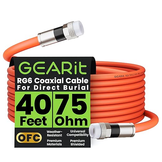 GEARit Coaxial Cable for Direct Burial (40ft) RG6 70 Ohm RF Rubber Boot Waterproof Underground in-Wall with Rubber Boot, High-Speed Internet, Broadband, Digital TV Aerial, Satellite Cable 40 Feet