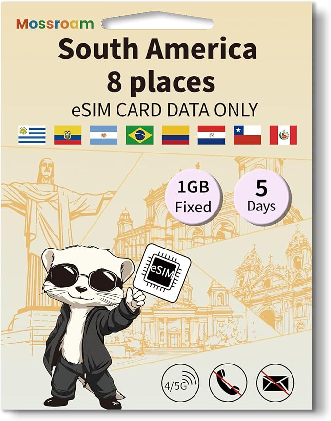 eSIM for 8 Countries in South America Trave Internationa Travel,4/5G LTE Prepaid 5 Days Plan,1GB Daily Data Only