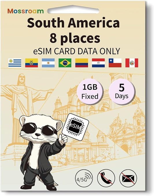 eSIM for 8 Countries in South America Trave Internationa Travel,4/5G LTE Prepaid 5 Days Plan,1GB Daily Data Only