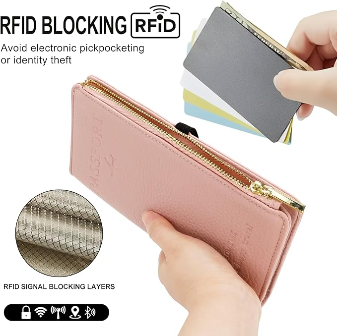 DOB SECHS Leather Passport Wallet for Women, RFID Blocking Passport Holder with Zipper for Travel, Credit Card Cover Case, Travel Document Organizer Pouch Bag +ID Window+Cash Pocket+SIM Slot, Pink