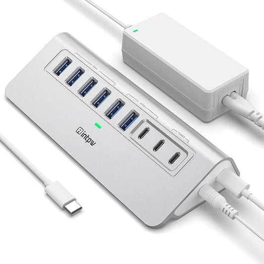 Powered USB Hub 10Gbps, intpw 9-Port USB 3.2 Hub, USB C Hub with USB A/USB C 3.2, 4 USB 3.0, 2 PD 45W Charging Ports, 65W Power Adapter and 3.3FT Cable, Aluminum USB Hub for Laptop, iPhone 16/15, PC