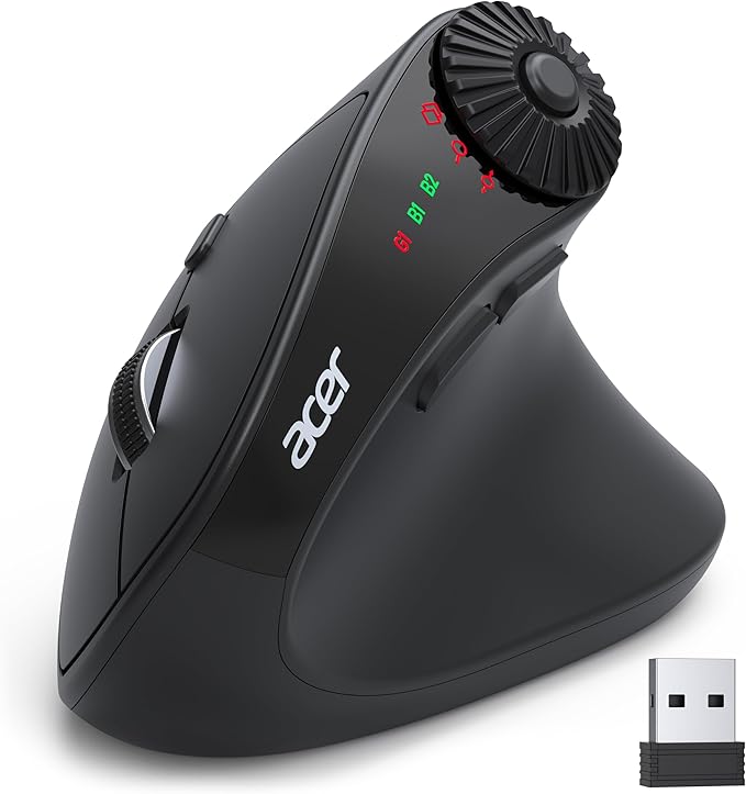 acer Ergonomic Mouse Wireless with Side Scroll Wheel, Bluetooth Mouse for Laptop(BT5.2+2.4GHz), Office Vertical Computer Mice, Right Hand Ergo Mice, 8 Buttons, 2.4GHz USB Receiver for PC and Desktop