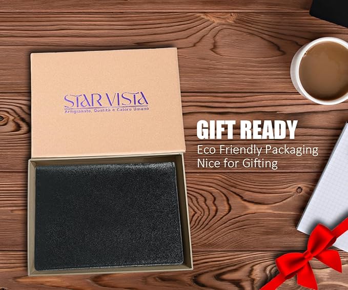 STAR VISTA Phoenix Leather Passport Holder, Calfskin Travel Wallet - RFID Blocking, ID Window, Zipper Pocket, Pen & Notebook Included, AirTag Holder, Black