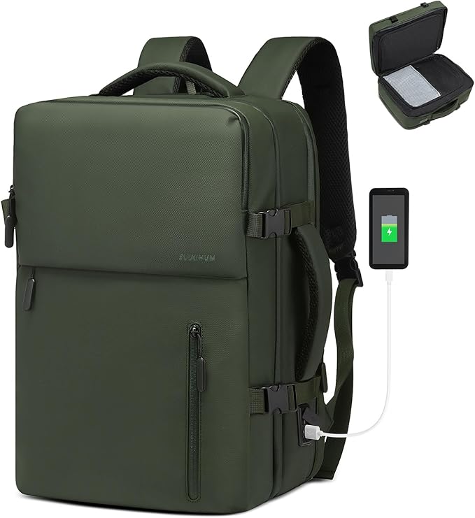 Business Travel Carry on Backpack, Lay Flat Luggage Style Bag with USB C & A, 16-inch Suitcase Capacity, Airline Approved, Green