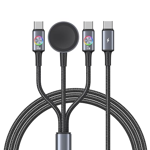 72W Super Fast Charging 3-in-1 Multi Charging Cable, Dual USB-C Ports for iWatch Ultra/SE/10-1/iPhone 17/16/15 Pro, Multi Charger for Apple Watch, Galaxy Phone Travel Essentials