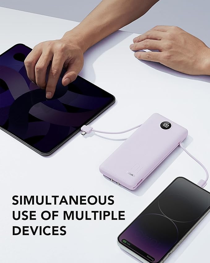 VRURC Portable Charger Built-in Cables and AC Wall Plug, USB C Power Bank 10000mAh, Travel Essentials Phone Charger Compact Lightweight External Battery Pack for Smart Phones, Tablets etc-Purple