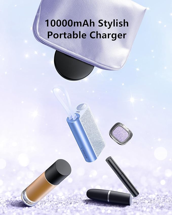 VEGER Compact Portable Charger with Built in Cable(Removable), 10000mAh Cute Power Bank 20W Fast Charging, Sparkling Battery Pack Fashion Travel Accessory Compatible with iPhone 15/14, Android-Blue