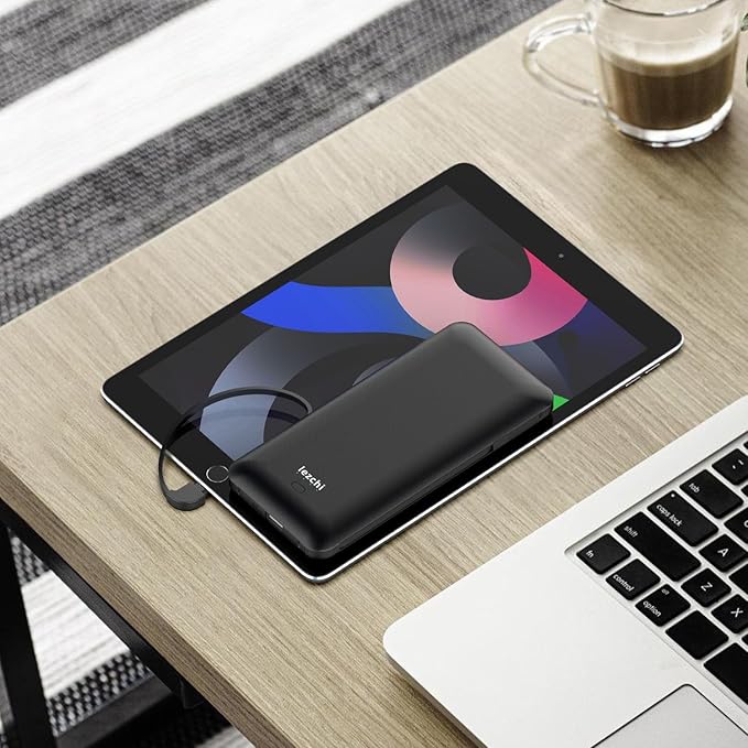 Portable Power Bank, Ultra Slim 10000mAh Portable Charger with Built in Cable, USB C External Battery Pack with Built-in AC Wall Plug Compatible with iPhone Smartphone Tablet…