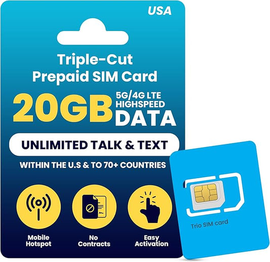 H2O Wireless 60-Day USA Physical Prepaid SIM Card with 20GB High-Speed 4G LTE/5G Data & 5GB Mobile Hotspot, Unlimited Data, Talk & Text to 70+ Countries, Triple-Cut US SIM Card for Cell Phones