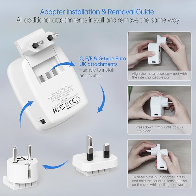 BEONDON European Travel Adapter Kit with Detachable Plugs (C/E/F/G) for UK, France, Germany, Italy, Spain & More - 2 US Outlets & 5 USB Ports (3 USB C) - Multi-Device Charger