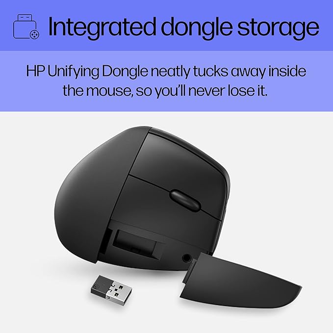 HP 920 Ergonomic Vertical Mouse Wireless Bluetooth 5.3 & USB Dongle, 5 Programmable Buttons, 16 Week Battery, Multi-Device, Multi-OS