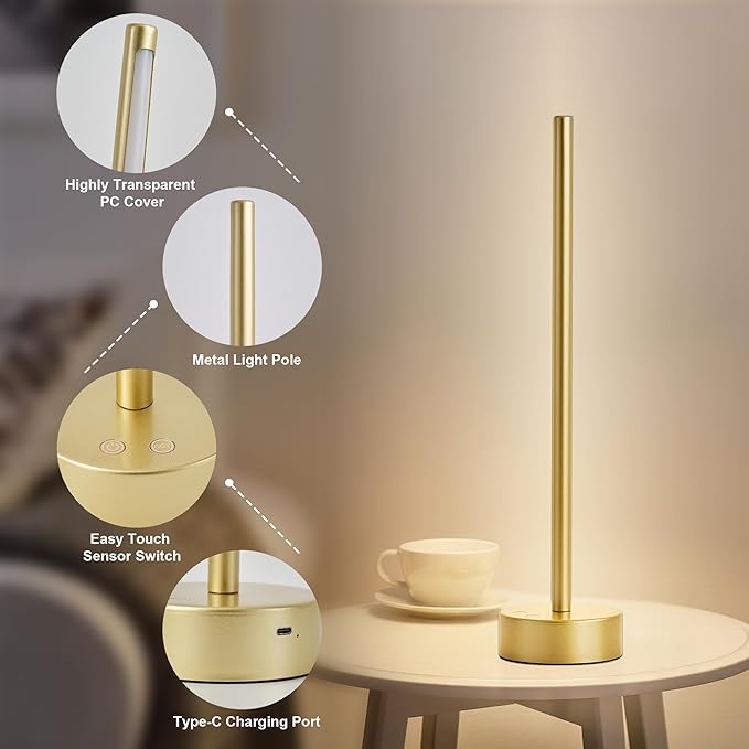 Cordless LED Table Lamp, Battery Operated Portable Desk Lamp,Dimmable/3 Color/Memory Function,Modern Rechargeable Table Light for Living Room,Bedroom,Bedside,Gold