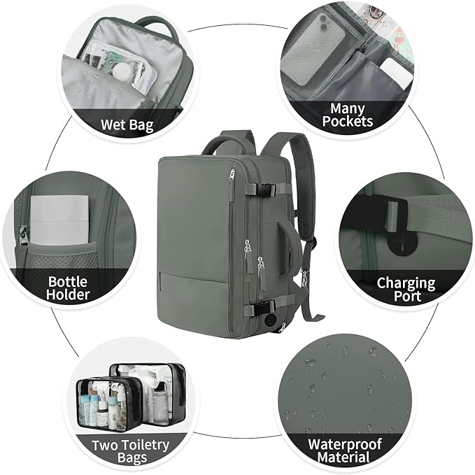 Hanples Extra Large Travel Backpack for Women as Person Item Flight Approved, 40L Carry On Backpack, 17 Inch Laptop Waterproof Hiking Casual Bag(Olive Green)