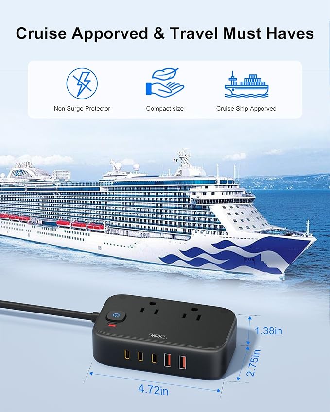 Power Strip with USB C - 40W Charging Station with 2 Outlets 3 USB A & 2 USB C - Charger for Multiple Devices, 5Ft Flat Plug Extension Cord, Non Surge Protector for Cruise Travel Office(Black)