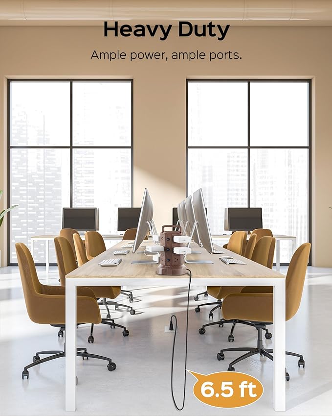 JACKYLED Power Strip Tower Surge Protector with 6.5ft Extension Cord 6 USB Ports and 12 AC Outlets Electric Charging Station for Home Office Dorm Desktop Computer Walnut and Black