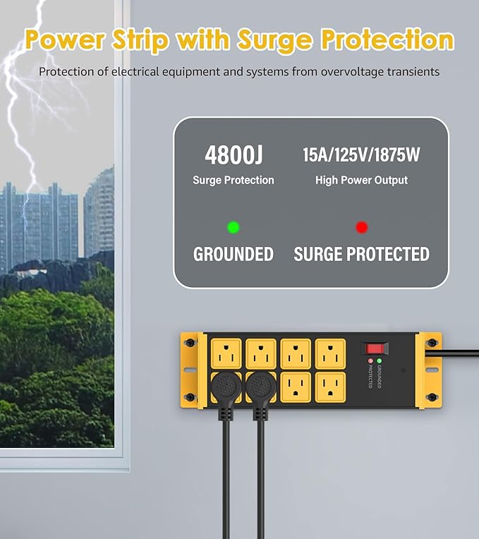 HHSOET 2 Pack Heavy Duty Power Strip 8 Outlets, Metal Wall Mount Outlet Strip 4800J Surge Protector, Garage Shop Under Desk Mountable 6FT Extension Cord Plug, ETL Listed