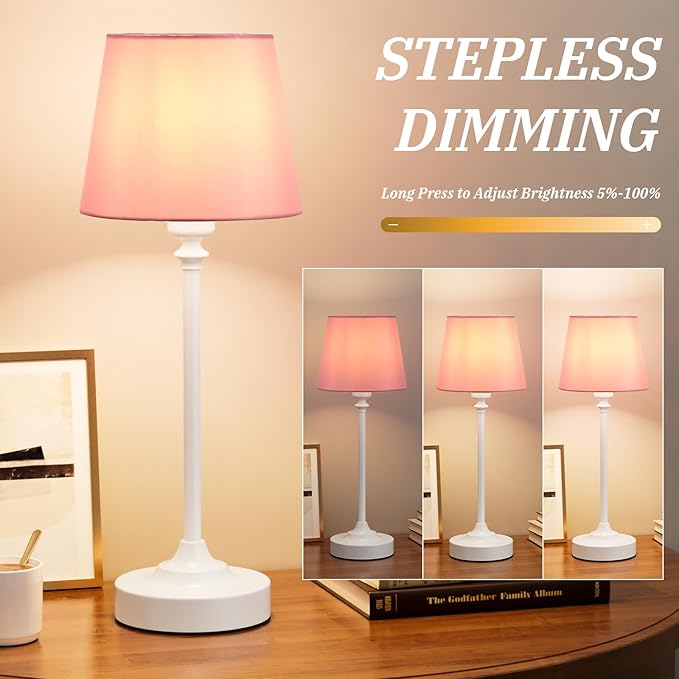 Cordless Table Lamps Rechargeable Set - 2 Pack White 4000mAH Battery Operated Lamps for Decor, 3000K Stepless Dimming Touch Control Wireless Lamps for Bedroom, Dining Table, Living Room, Pink Shade