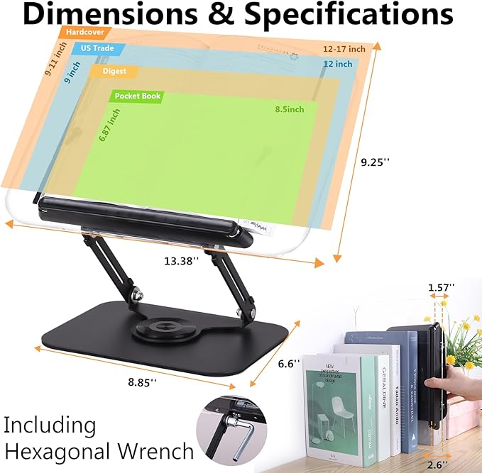 ASIEIT Book Stand for Reading, Acrylic Adjustable Book Holder with 360° Rotating Bases & Elastic Page Clips, Foldable Multifunctional Display Stand for Bible, Laptop, Recipe, Tablets, Textbook