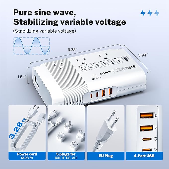 DOACE 500W Universal Travel Adapter 220V to 110V Voltage Converter, Pure Sine Wave European Travel Plug Adapter Converter, Transformer for US to Most Europe，UK/AU/EU/IT with 3 US Outlets & 4 USB