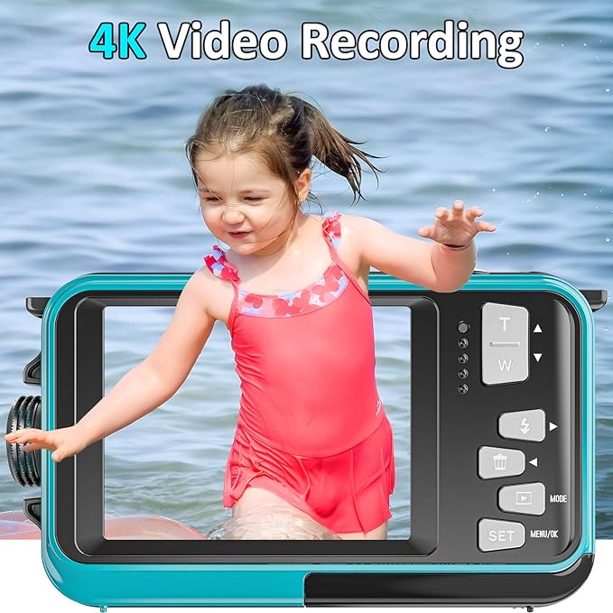 4K Underwater Camera 11FT Waterproof Camera with 32GB Card 56MP Autofocus Dual-Screen Selfie Underwater Camera for Snorkeling Waterproof Compact Floatable Digital Camera 1250mAh Battery Type-C (Blue)