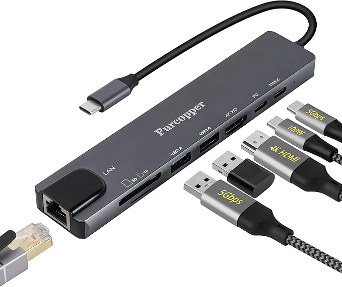 8 in 1 USB C Hub Ethernet Adapter with 4K HDMI, PD100W Charging, Gigabit Ethernet, SD/TF Card Reader,2X USB 3.0 Port, USB-C Data Port, Docking Station Compatible for MacBook, Tablet and Type C Devices
